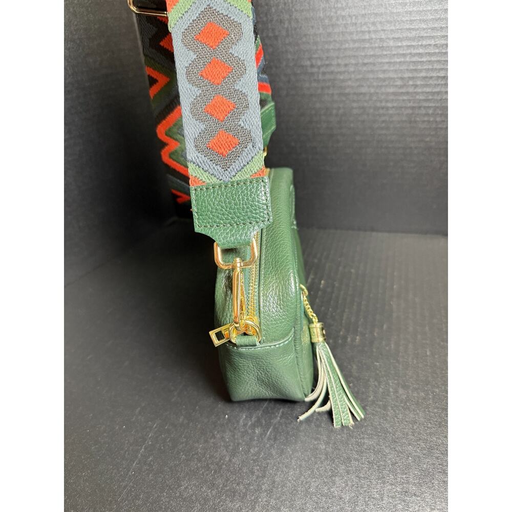 Borse In Pelle Italian Dark Green Pebbled Leather Crossbody Bag w/Guitar Strap - Picture 3 of 12